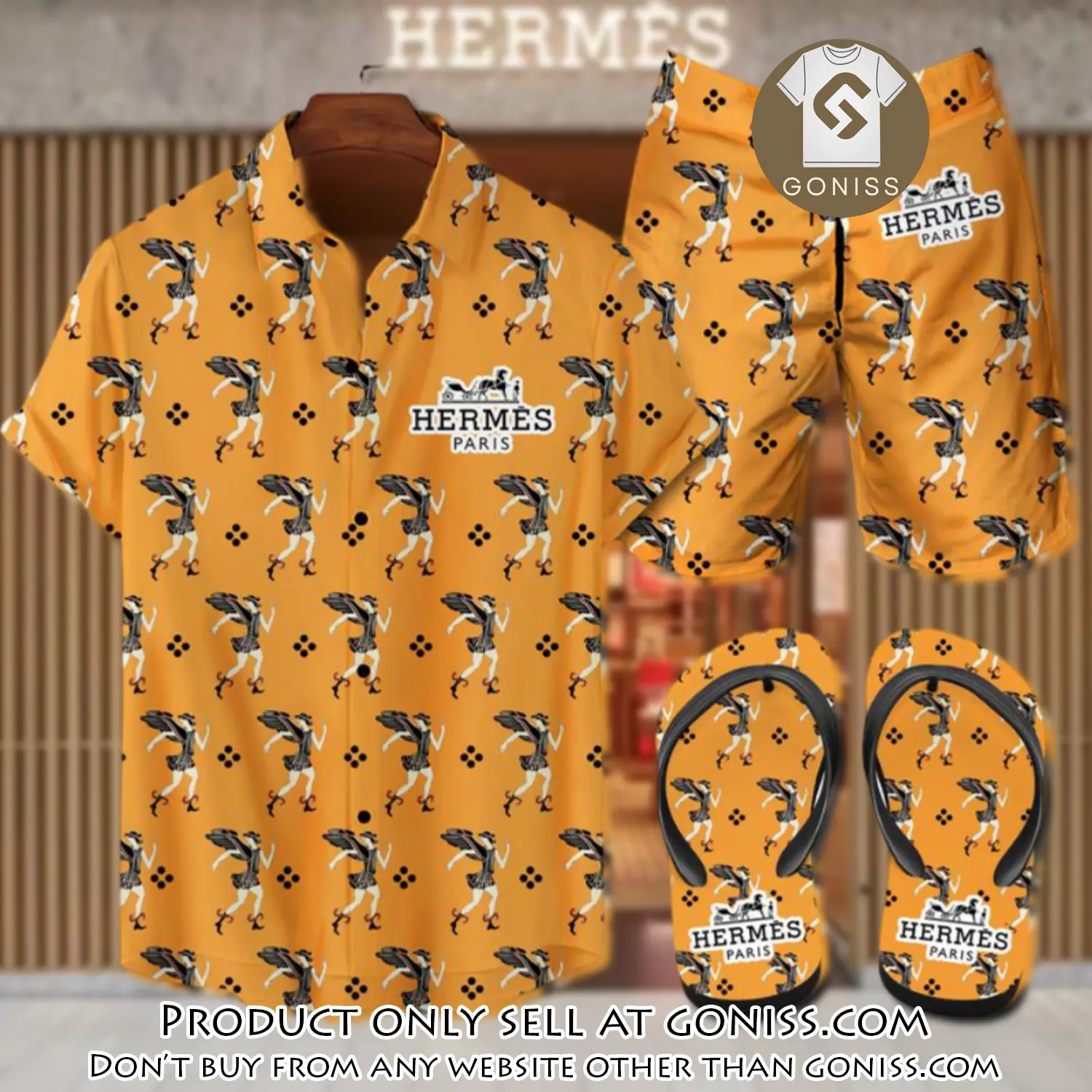 Hermes flip flops and combo hawaii shirt shorts luxury brand summer outfit hsf080 gn0554079